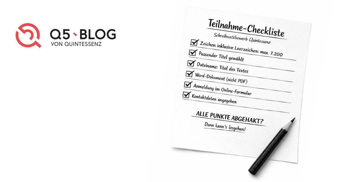 Schwarz-weiße Checkliste mit Teilnahmebedingungen für einen Schreibwettbewerb, sauber abgehakt, auf weißem Hintergrund.